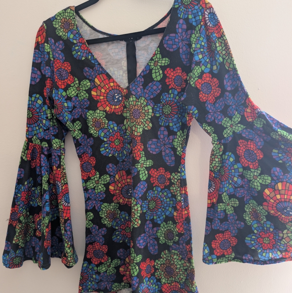 Vintage Floral Bell Sleeve Mini Dress